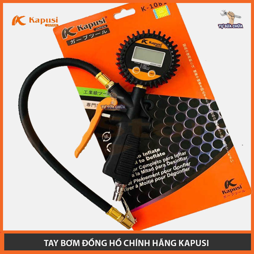 Tay bơm đồng hồ cao cấp chính hãng Kapusi có màn hình led hiển thị áp suất lốp, đầu vòi bơm hơi bơm lốp sử dụng cho máy khí nén có mặt đồng hồ hiển thị áp suất, Tay bơm hơi