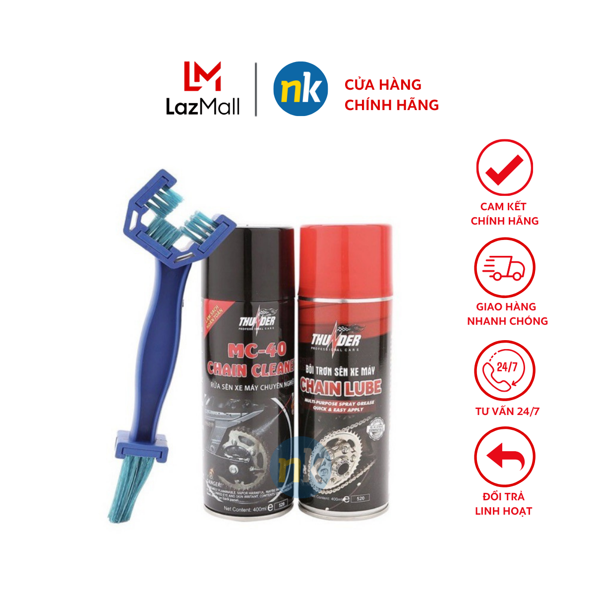 Combo Chai xịt bảo dưỡng sên, bôi trơn Thunder Chain Lube 400ml và vệ sinh sên Thunder 400ml tặng bàn chải 3D, dưỡng sên xe máy, bảo dưỡng sên, vệ sinh sên