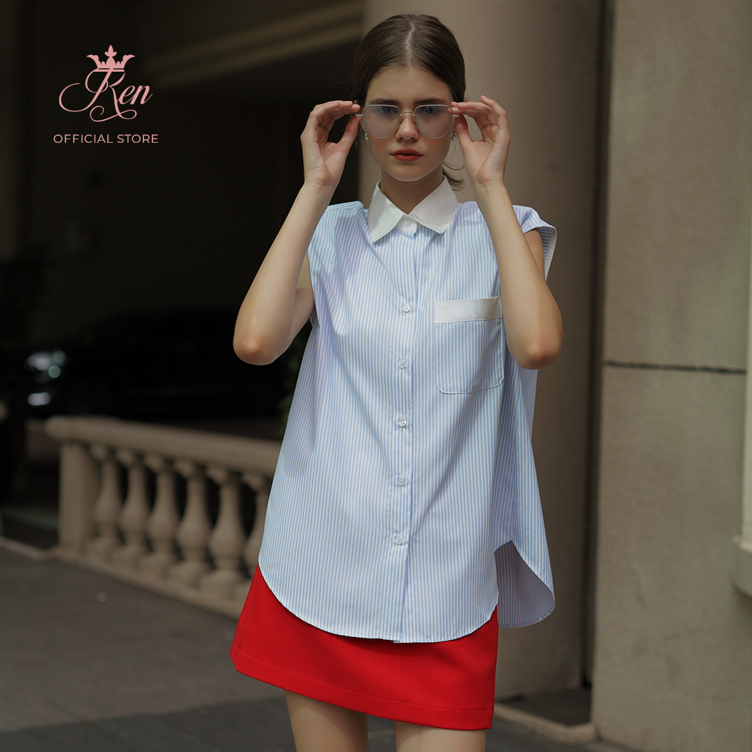 Ren by tee - áo sơ mi sọc phối cổ trắng
