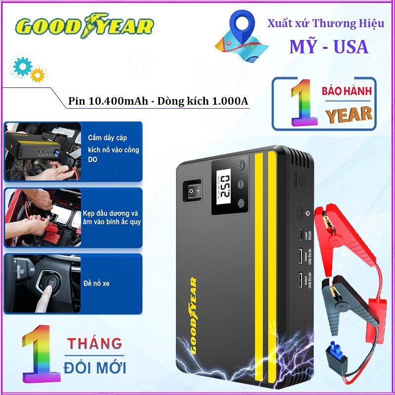 Bộ kích nổ kiêm bơm lốp ô tô và sạc dự phòng Goodyear GY-5296, dung lượng pin: 10400mAh, 3.7V (14.8V,2.6A-h), lực bơm tối đa: 150PSI  - Hàng chính hãng, bảo hành 12 tháng
