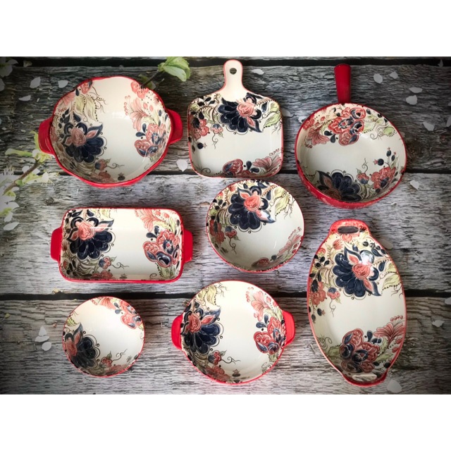 [HCM]Chén bát sứ tráng men hoa đỏ trang trí bàn ăn dùng trong lò nướng. lò vi sóng