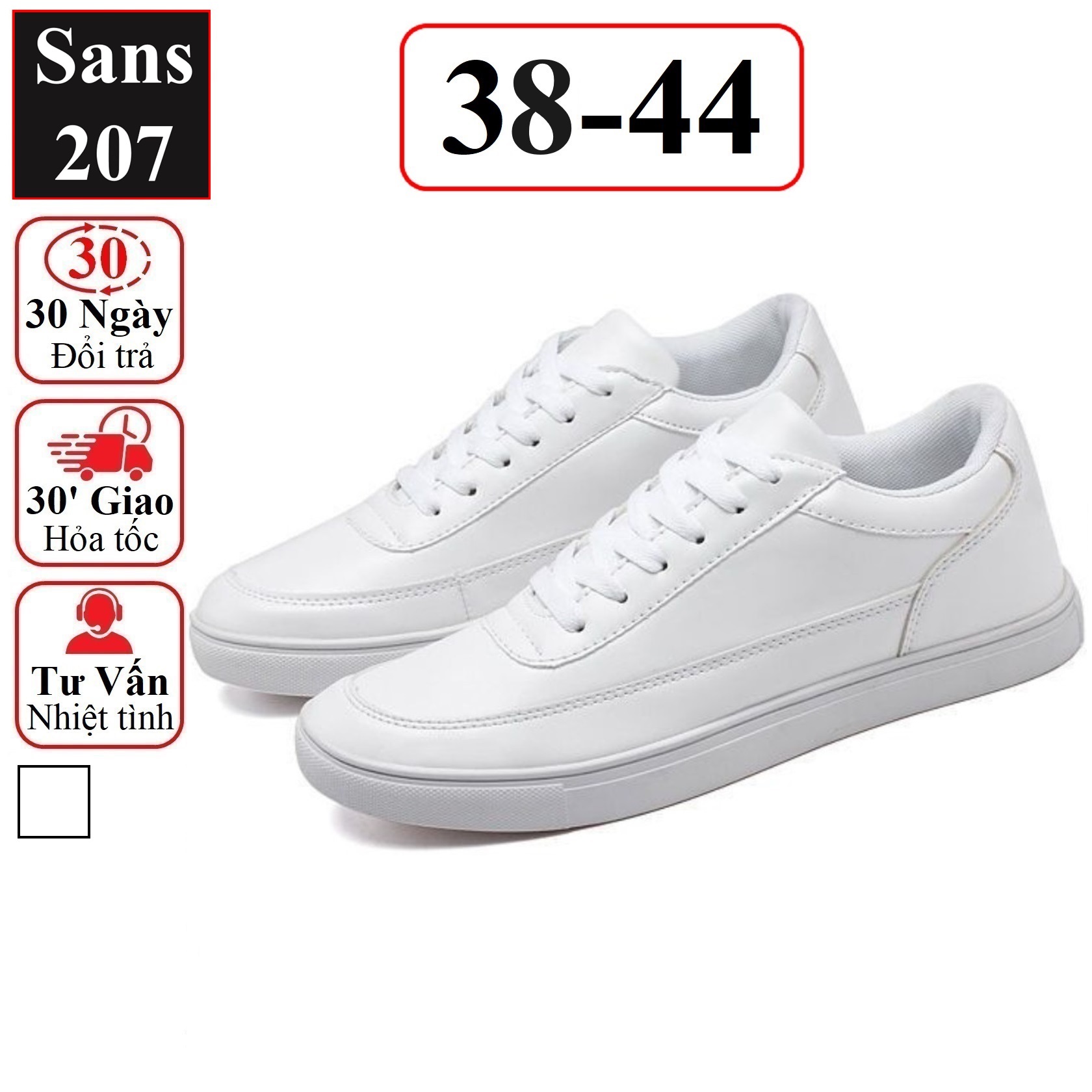 Giày thể thao nam full trắng đen Sans207 sneakers basic đơn giản buộc dây sport đế bằng thời trang trẻ trung cá tính