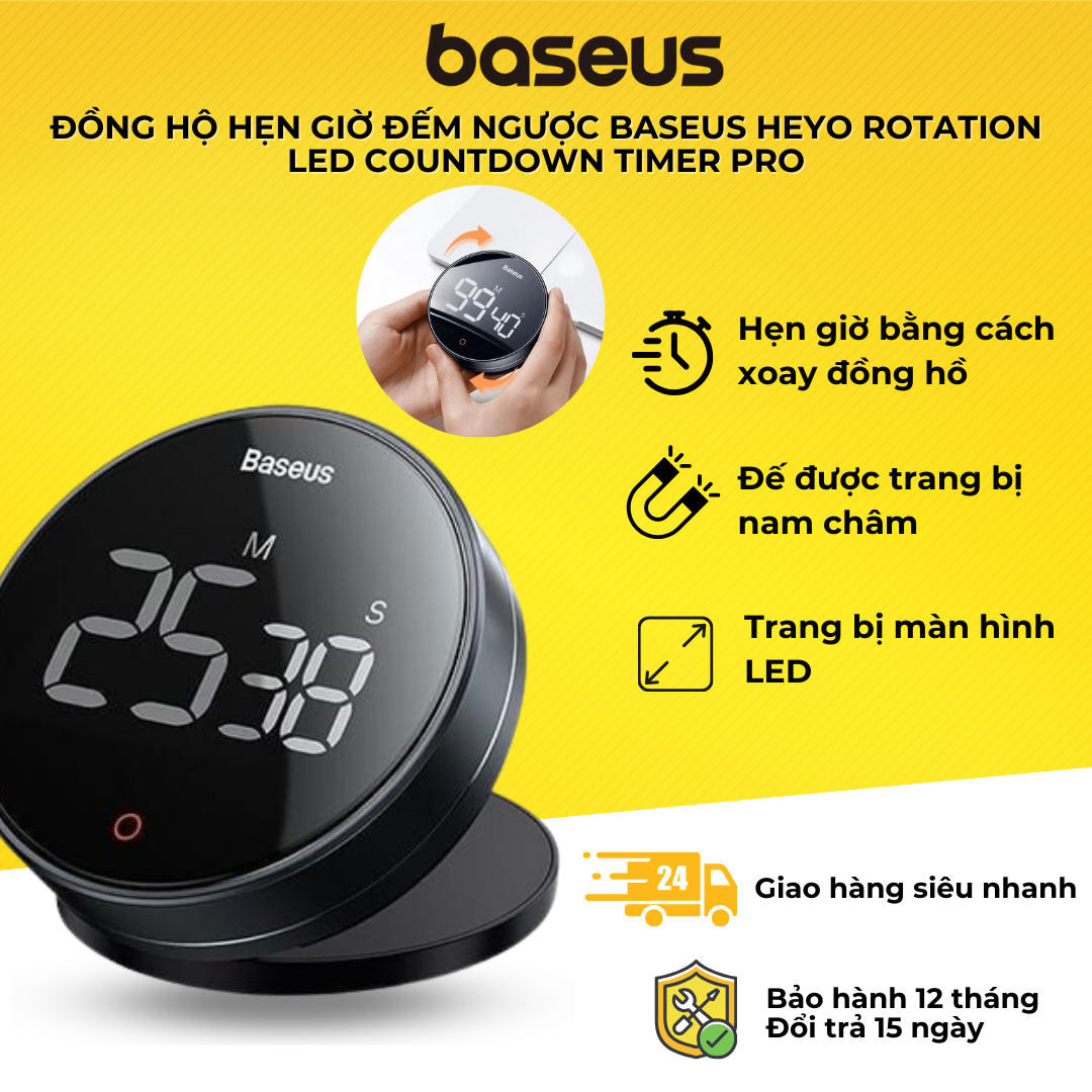 Đồng hồ hẹn giờ đếm ngược giúp tập trung học tập, làm việc, nấu ăn Baseus Heyo Rotation LED Countdown Timer