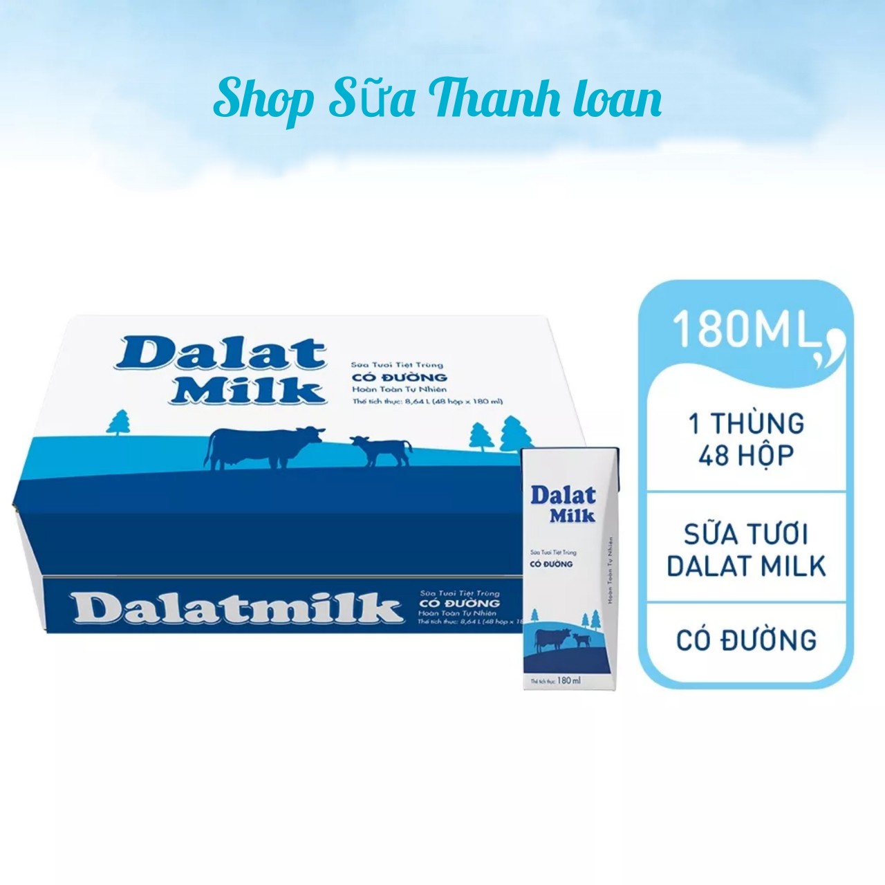 (HSD T9-2024) Thùng 48 Hộp Sữa Tươi Tiệt Trùng Có Đường Dalat Milk 180ml.