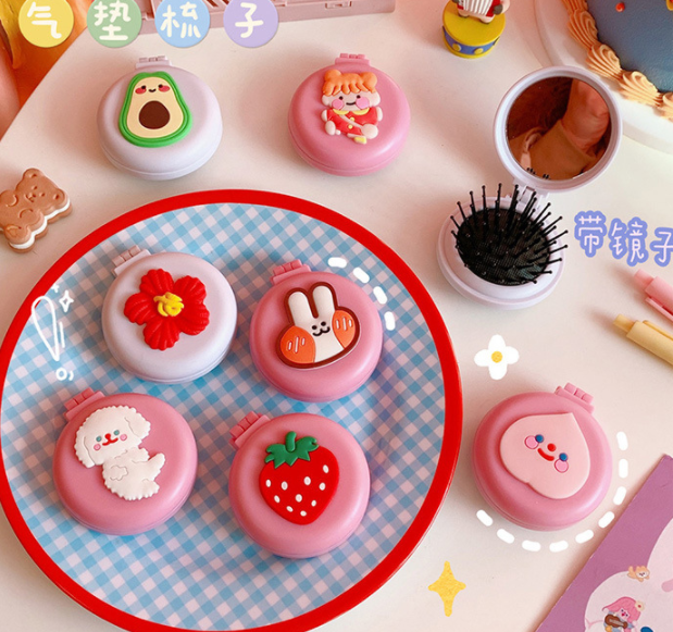 Gương lược gấp gọn bỏ túi 2 in 1 hình tròn Lược massage cầm tay hình hoa quả đáng yêu