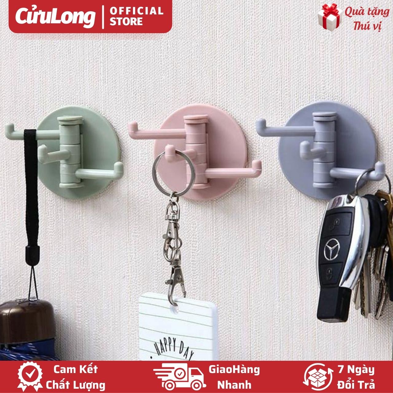 Móc Dán Tường Đa Năng 3 Đầu móc khóa chịu lực chắc chắn móc treo đồ nhà bếp phòng tắm móc dính tường mắc áo gắn tường shop Cuu Long