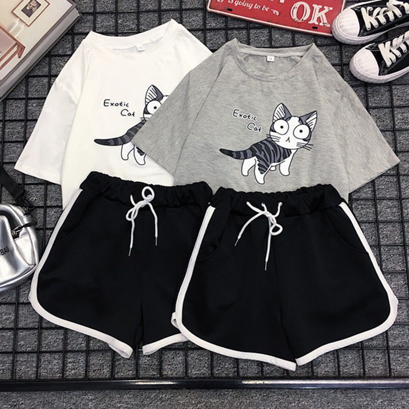 Sét áo thun kèm quần sooc cotton 80 in hình mèo ngộ nghĩnh
