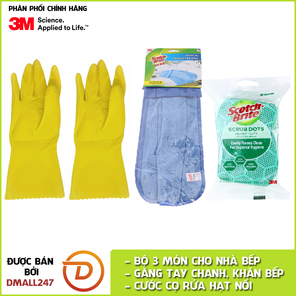 Bộ 3 món nhà bếp gồm khăn lau chén dĩa, găng tay rửa chén hương chanh và 2 miếng cước hạt nổi siêu sạch Scotch-Brite 3M CB-BEP1- Dmall247, chăm sóc nhà cửa đời sống