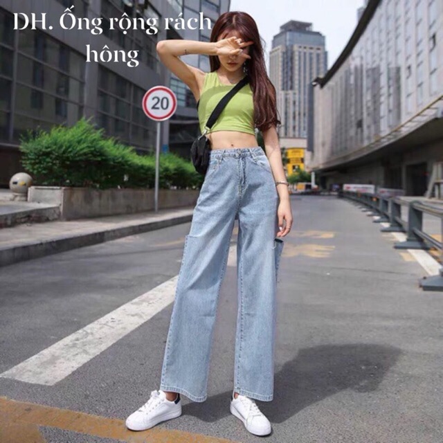 Quần bò ống rộng may gấu rách hai bên hông DH12