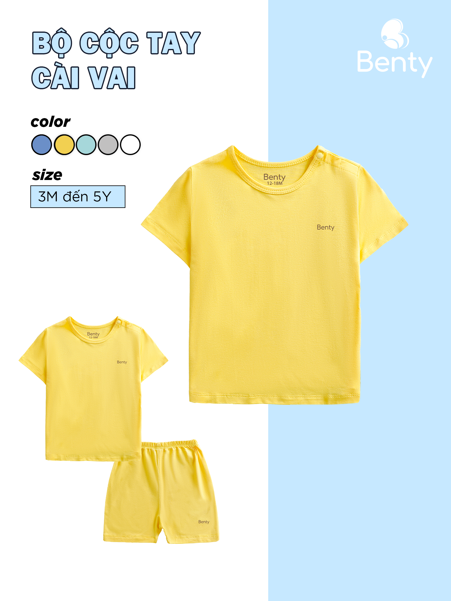  Bộ cộc tay cài vai trơn basic chất vải cao cấp BENTY quần áo trẻ em mềm mịn bé trai bé gái 