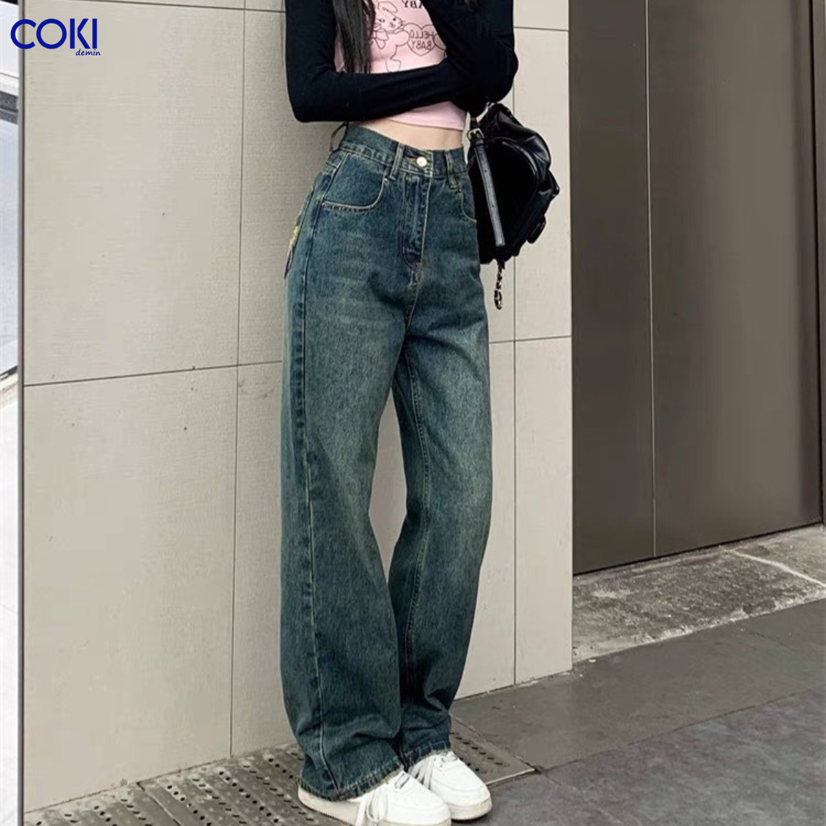 Quần jean nữ ống rộng suông cạp cao phối rách túi sau