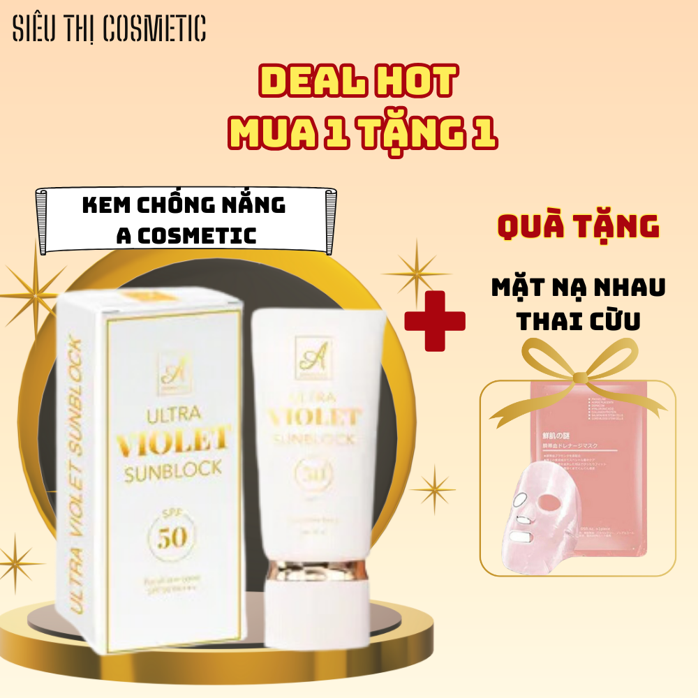 Kem chống nắng A cosmetics nâng tone kiềm dầu, dưỡng trắng da mặt Ultra Violet Sunblock SPF 50++ + Tặng nạ nhau thai cừu