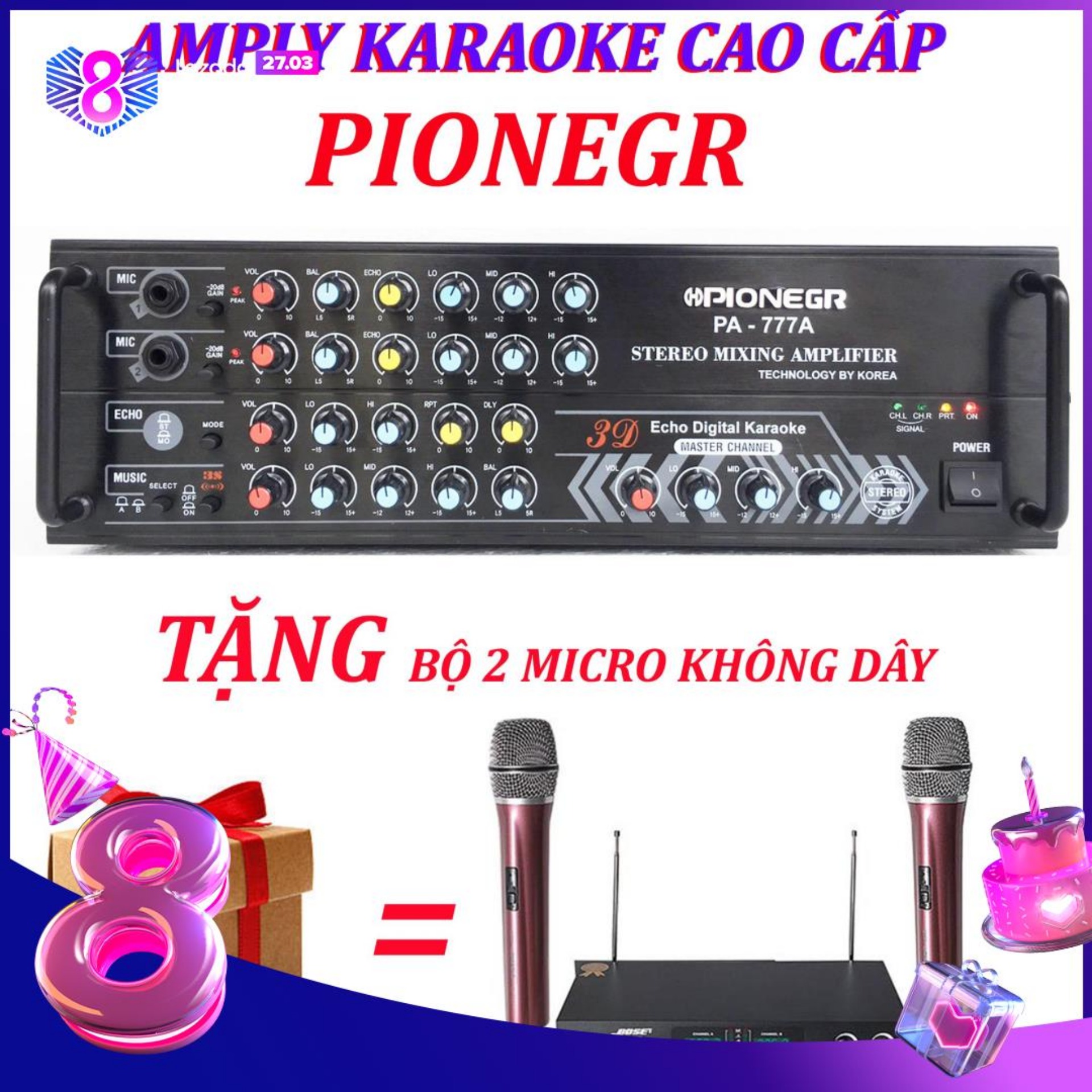 Ampli karaoke Amply karaoke nghe nhạc gia đình PIONEGR 777A  karaoke cực hay và bộ micro không dây BS777II
