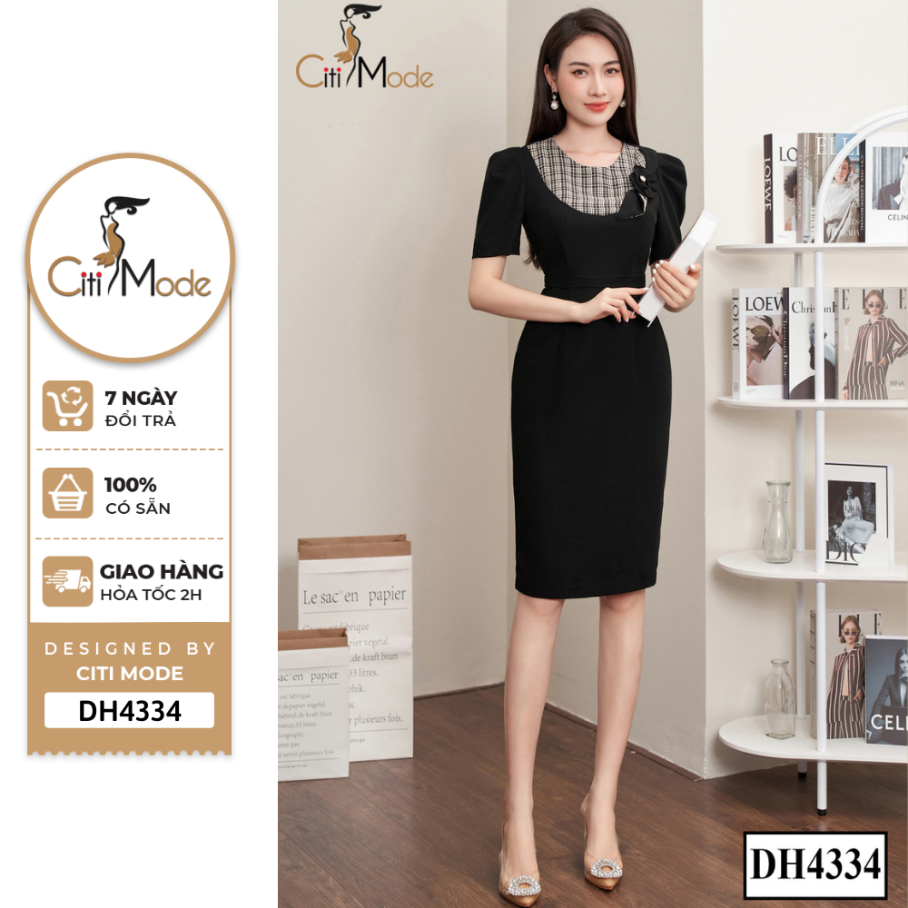 Đầm công sở citi mode fashion thiết kế dáng ôm peplum đen phối kẻ ngực dh4334