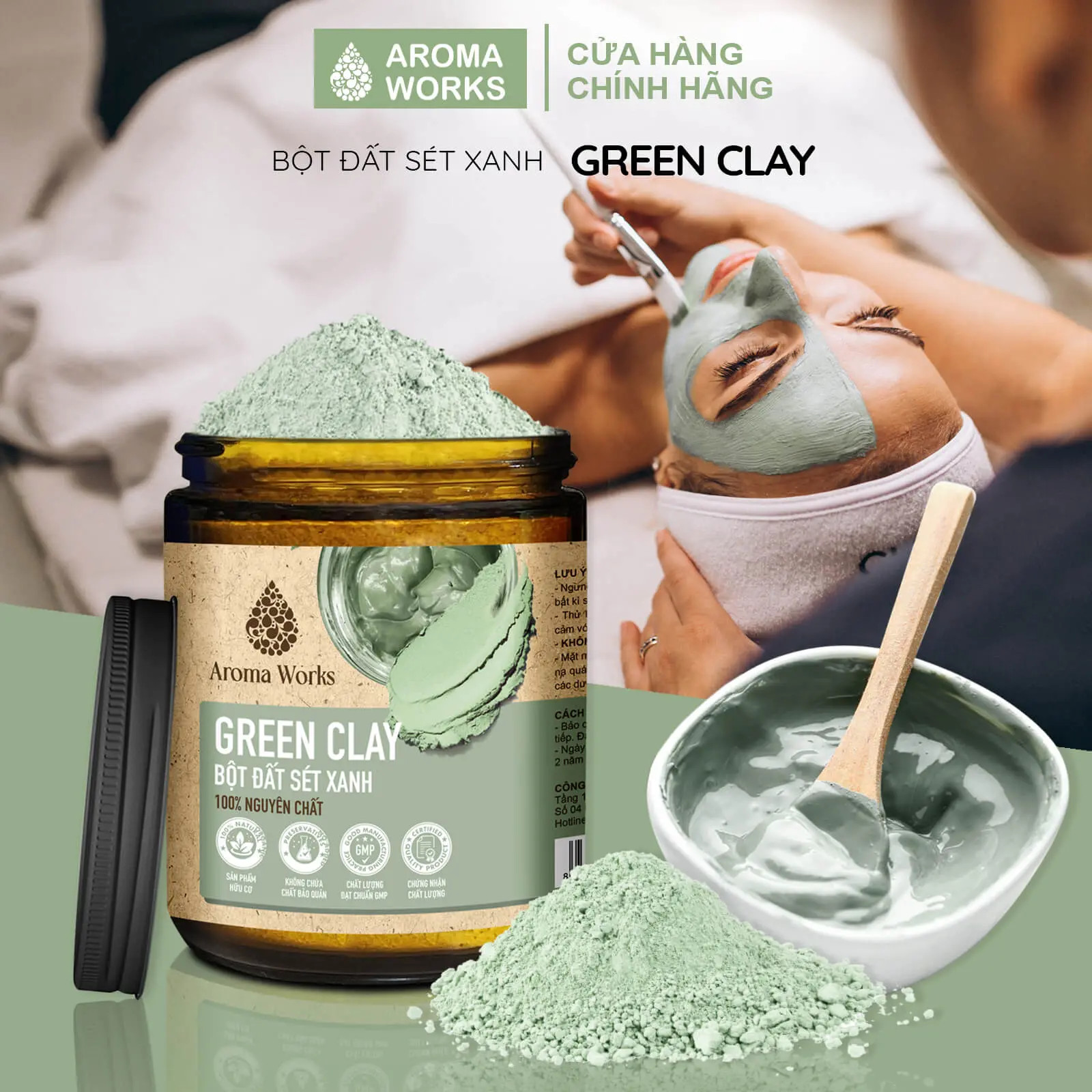 Bột Đất Sét Xanh Nguyên Chất Aroma Works Green Clay Powder, Mặt nạ đất sét 130gr