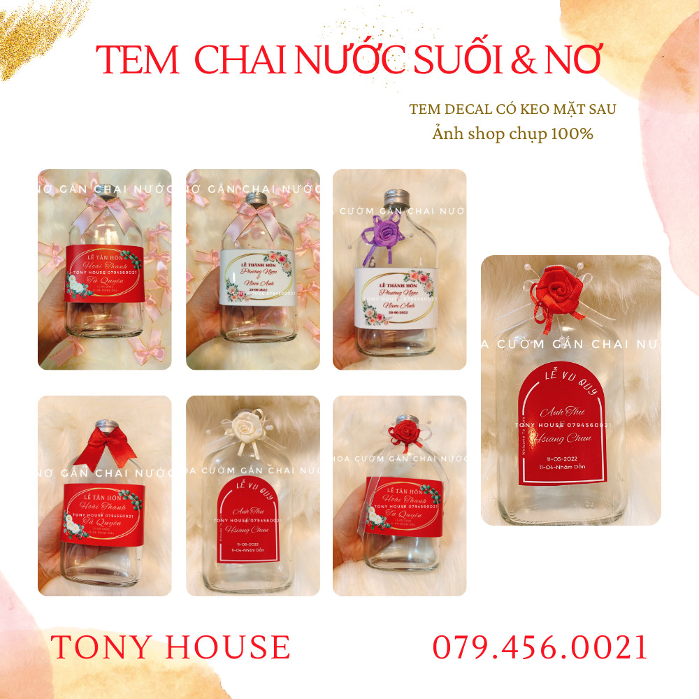 Decal Tem chai nước suối - trang trí tiệc cưới - Tony House