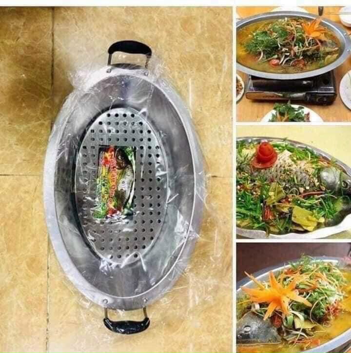 Nồi lẩu, khay lẩu cá chép om dưa bằng inox cao cấp. Dài 50 cm, rộng 25 cm. Sử dụng cho tất cả các loại bếp.