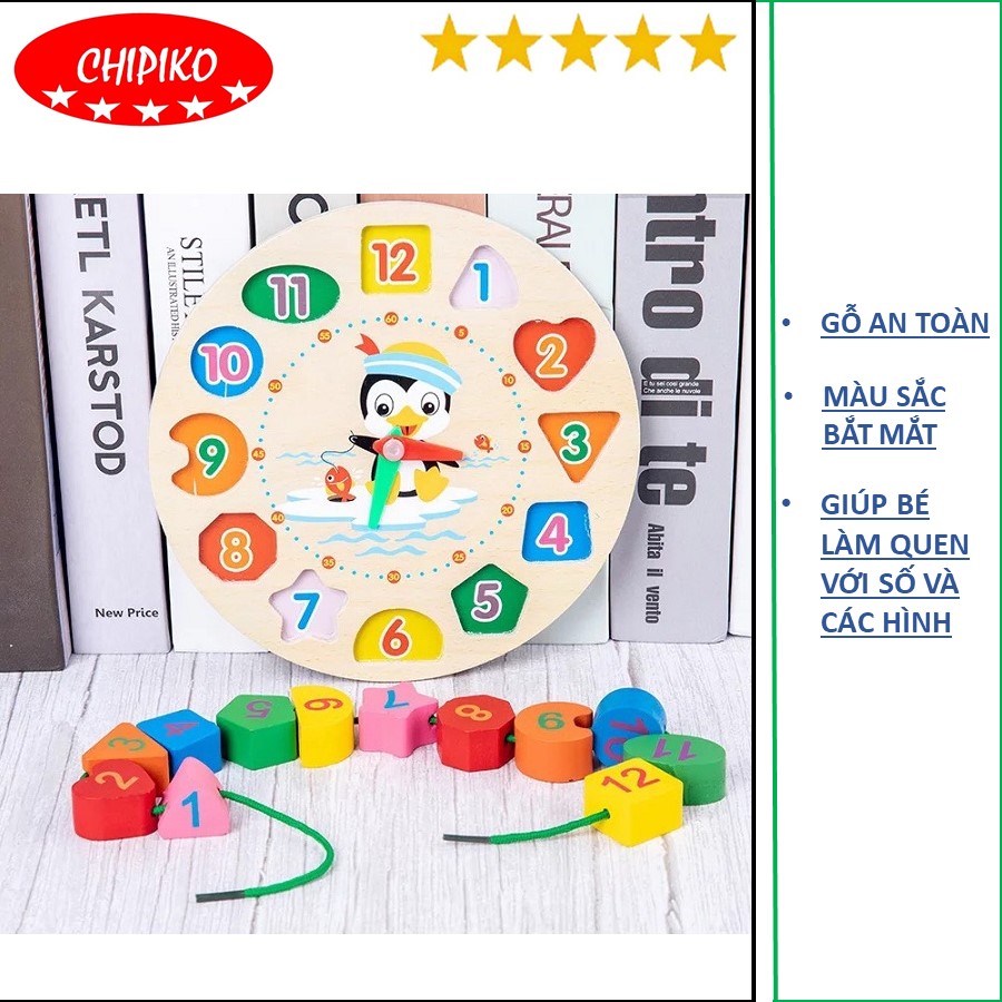 Đồng hồ gỗ lắp ghép kèm hình khối và dây xâu hạt cho bé xâu luồn các hình khối số đếm từ 1 đến 12 - đồng hồ thông minh kèm đồ chơi luồn hạt