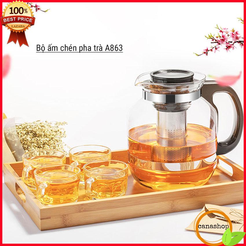 Bộ bình lọc trà thủy tinh tặng kèm 4 ly - Lọc inox chống gỉ chịu nhiệt cao cấp - Bình lọc trà có lọc inox lọc gọn gàng trà sạch thơm - Bình lọc trà sang trọng giá siêu hời. Tặng kèm 4 ly