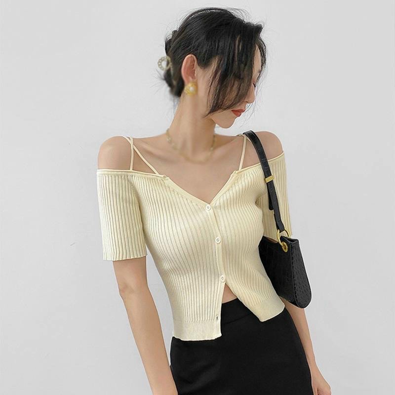 Áo len gân crotop bệt vai cổ V, vai dây chéo sang chảnh-cs