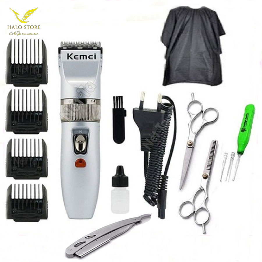 Tông Đơ Cắt Tóc Gia Đình Cho Bé KEMEI 27C Đa Năng Có 4 Cữ 3mm, 6mm, 9mm, 12mm, Lược  TẶNG Bộ Kéo + Áo Choàng + Dao Cạo râu + Lấy Ráy Tai Có Đèn