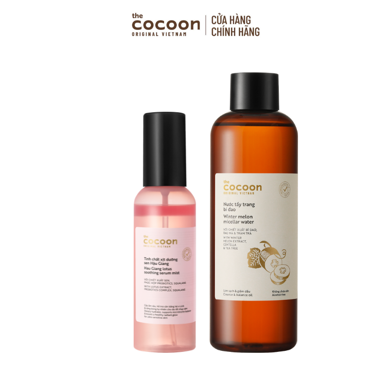 COMBO 1 Tinh chất xịt dưỡng sen Hậu Giang Cocoon 100ml + 1 Bigsize Nước Tẩy trang bí đao 500ml