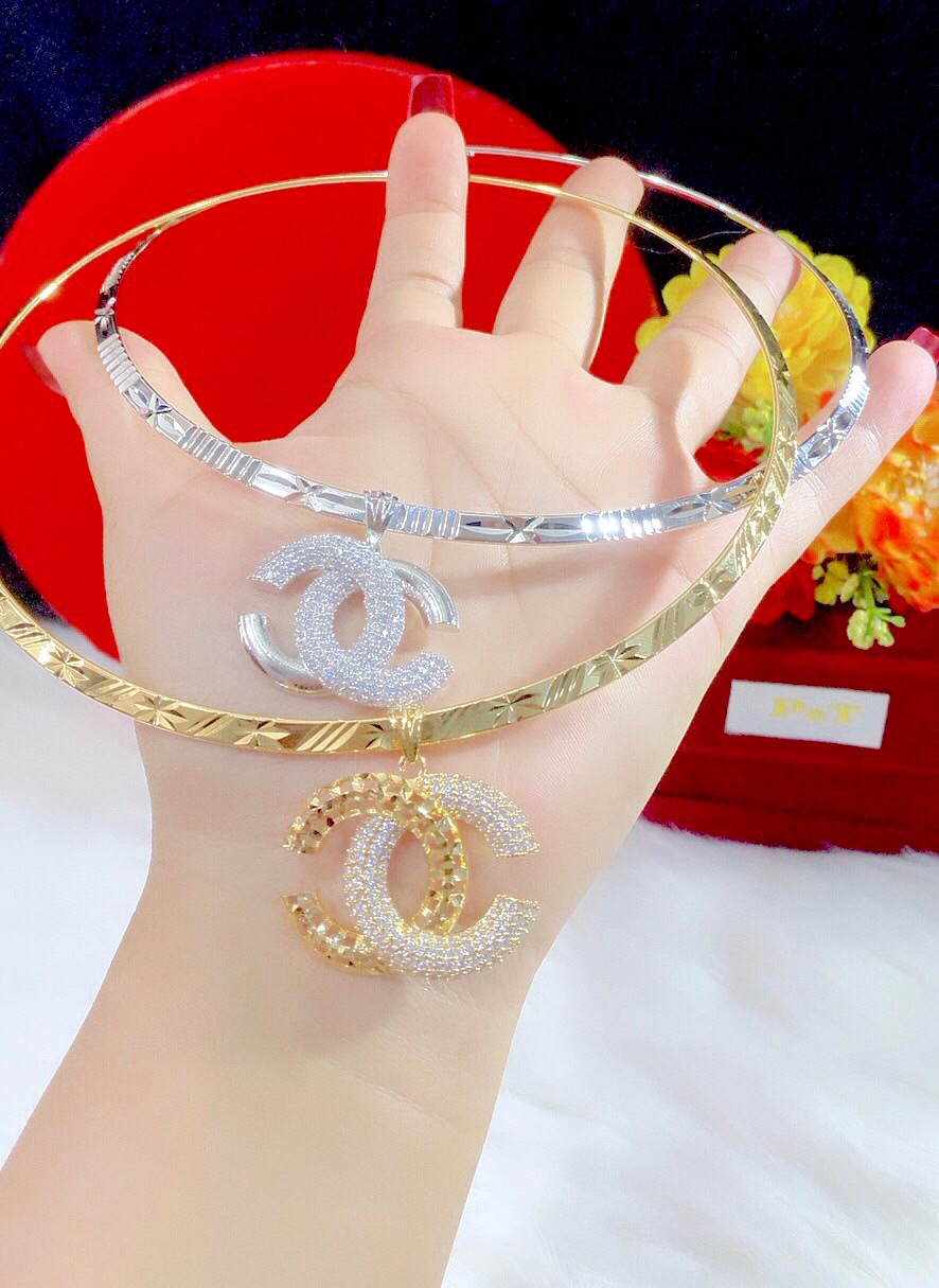 Kiềng cổ kiểu chạm mặt chữ c đính xoàn mạ vàng 18k mạ bạch kim cao cấp