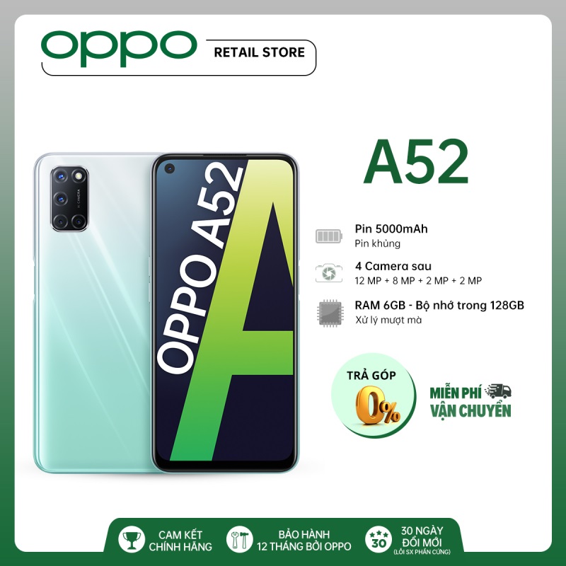 Điện thoại oppo a52 chính hãng ram 8g/128g, camera sau: chính 12 mp & phụ 8 mp, 2 mp, 2 mp camera trước: 16 mp chip: snapdragon 665, chơi tiktok zalo youtube đỉnh, cày game mượt