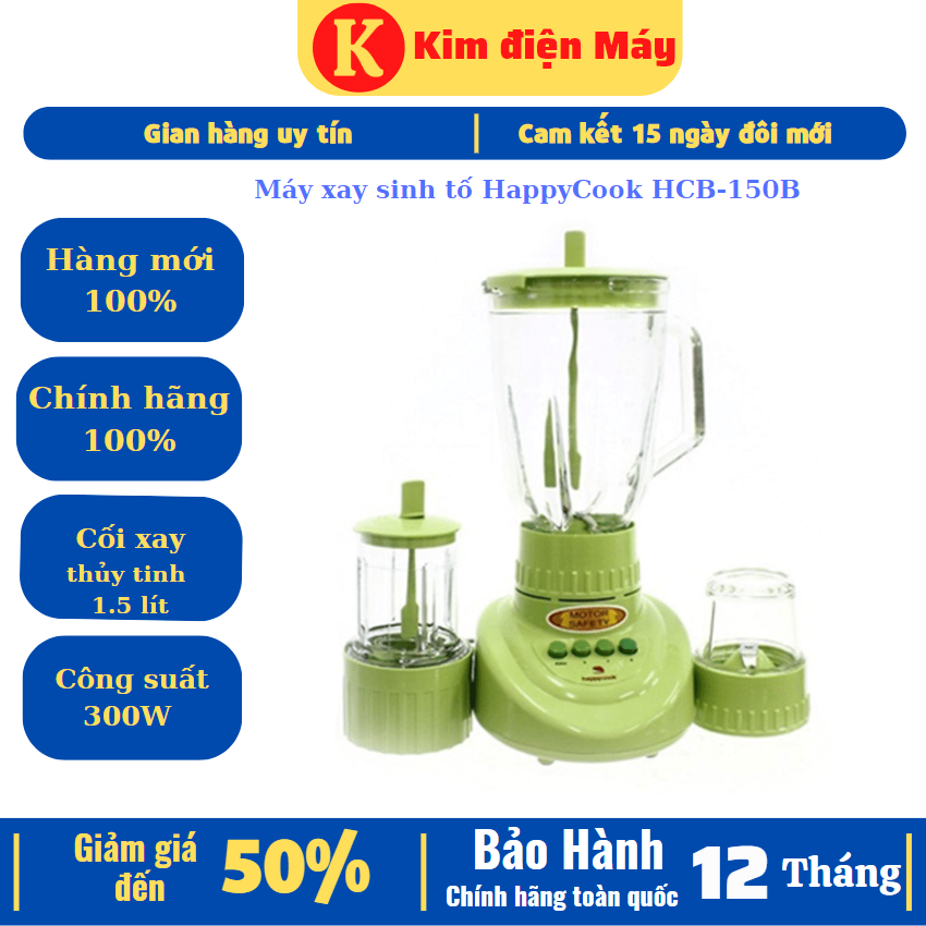 Máy xay sinh tố HappyCook HCB-150B-300W cối xay thủy tinh kháng vỡ 1.5 lít-bảo hành 12 tháng toàn quốc
