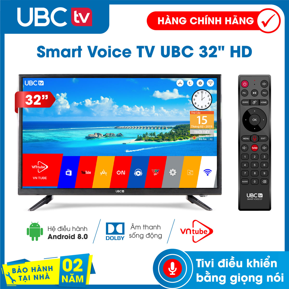 Smart tivi UBC HD Wifi 32 inch Android 8.0 tìm kiếm giọng nói tính năng bảo vệ trẻ em remote 2 in 1 Model 32P300S - Bảo Hành 2 năm tận nhà công nghệ dò kênh tự động Free-to-Air âm thanh Dolb