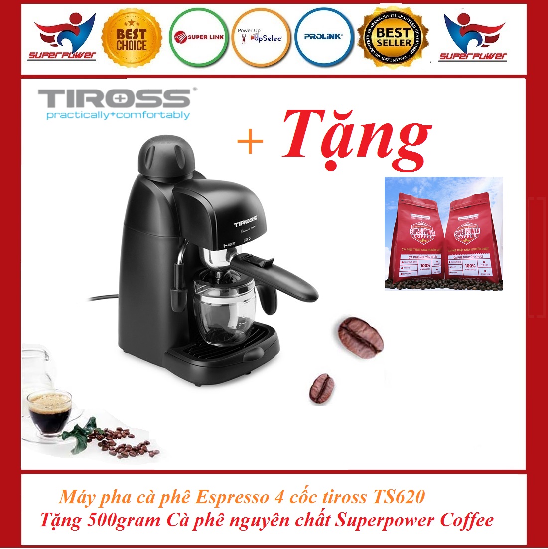 Máy pha cà phê espresso 4 cốc tiross ts620 800w, ts621 800w, ts6211 15bar + tặng 500gram cafe