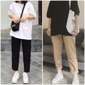 Quần kaki trơn quần ống suông nam nữ chun cạp unisex màu đen be - ak35