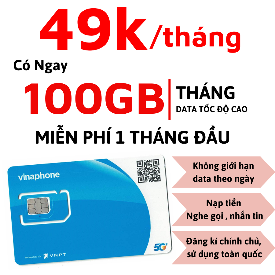 ( Chỉ 49k/tháng ) Sim 4G 5G Vinaphone Gói TD49 100GB Tốc Độ Cao Dùng mạng Không Bị Giới Hạn Trong Ngày - MIễn Phí Sử Dụng 1 Tháng Đầu . FREESHIP - CHƯA KÍCH HOẠT.