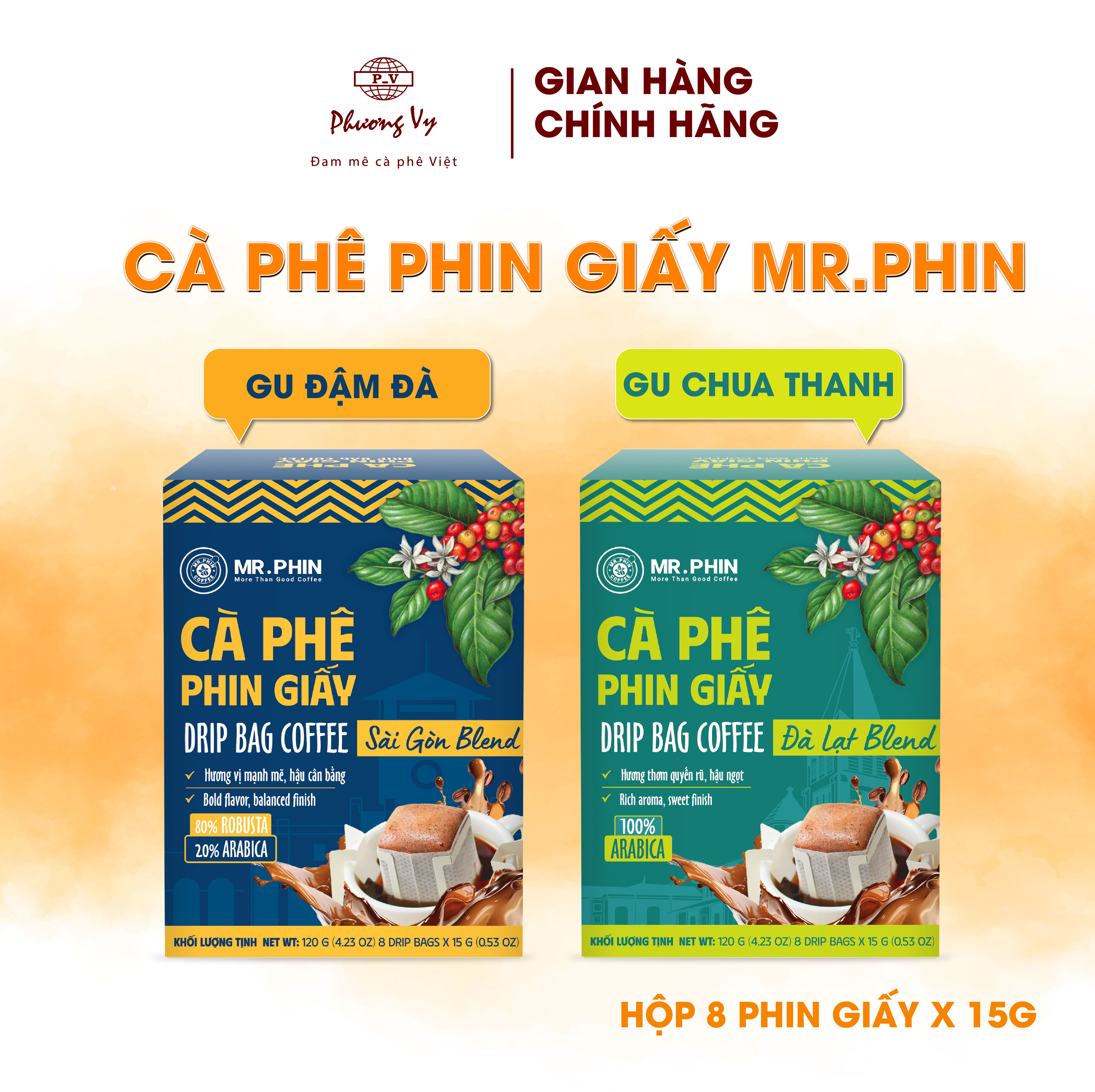 Cà Phê Phin Giấy Mr. Phin hộp 8 phin tiện lợi, thích hợp cho văn phòng, du lịch, Phương Vy Coffee