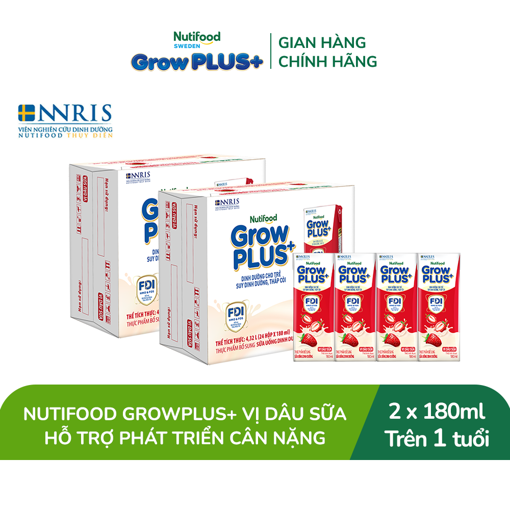 Combo 2 Thùng 24 hộp Sữa bột pha sẵn Nutifood GrowPLUS+ Vị Dâu Sữa hộp 180ml - Hỗ trợ phát triển cân nặng