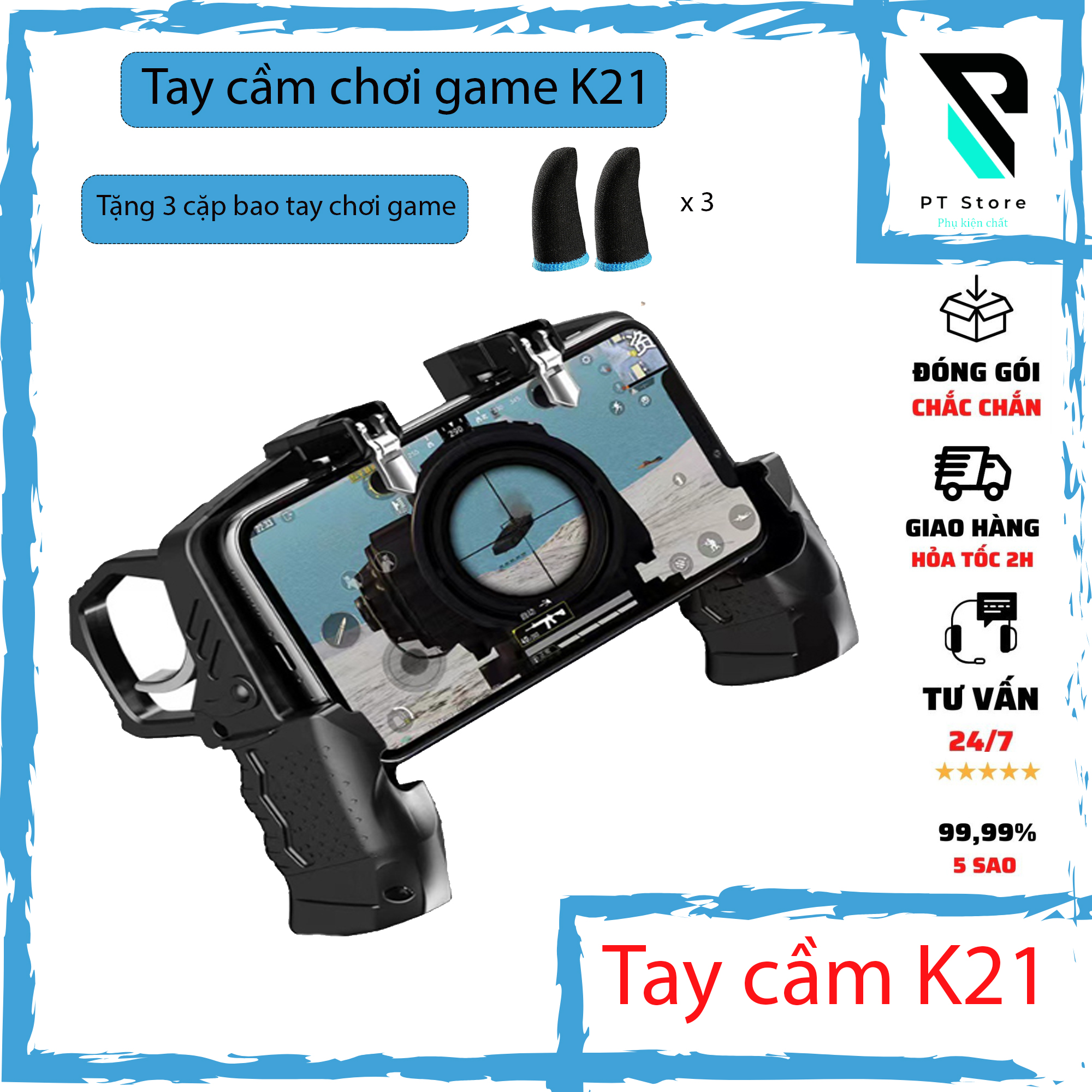 Tay cầm chơi game k21 - kèm nút bấm cho game PUBG, ROS, Free Fire..gắn điện thoại tiện lợi