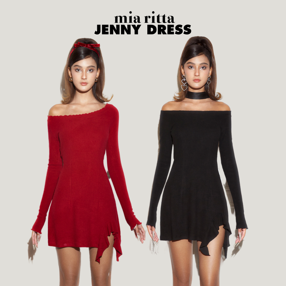 Váy lên cổ bèo Jenny Dress Mia Ritta V1055 - Váy len mềm mịn trễ vai dài tay co dãn