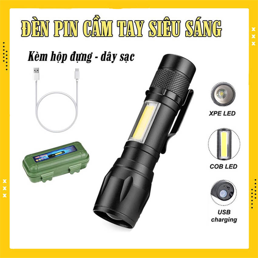 Đèn pin siêu sáng mini cao cấp có Zoom, 3 chế độ sáng có móc kẹp tiện dụng, đèn pin cầm tay, đèn bin mini siêu sáng, đèn bin sạc điện