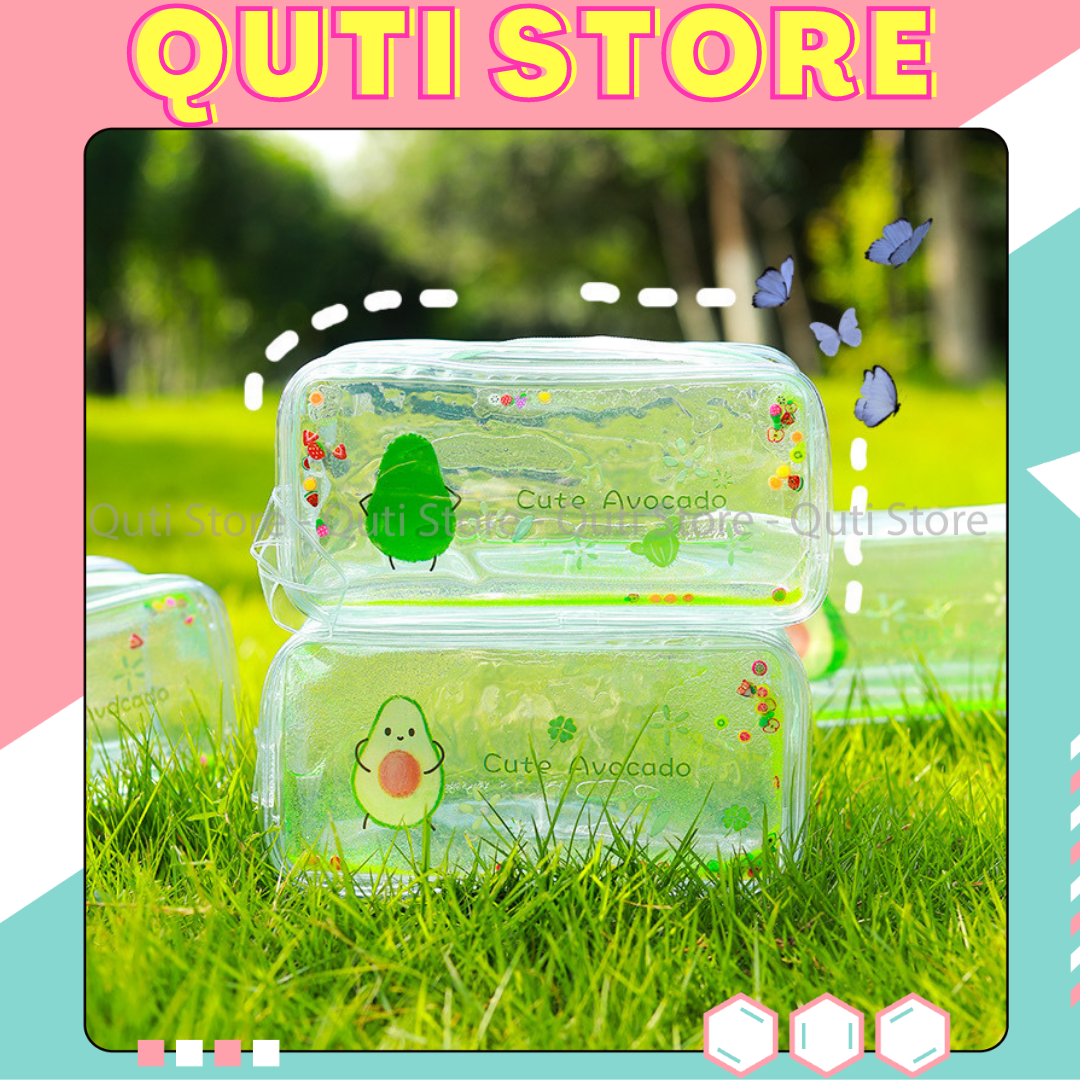 Hộp Bút Nhựa Gel Chảy Hình Quả Bơ , Trái Đào Túi Đựng Bút Trong Suốt Kim Tuyến To Bóp Viết Hologram QUTI STORE HBN44