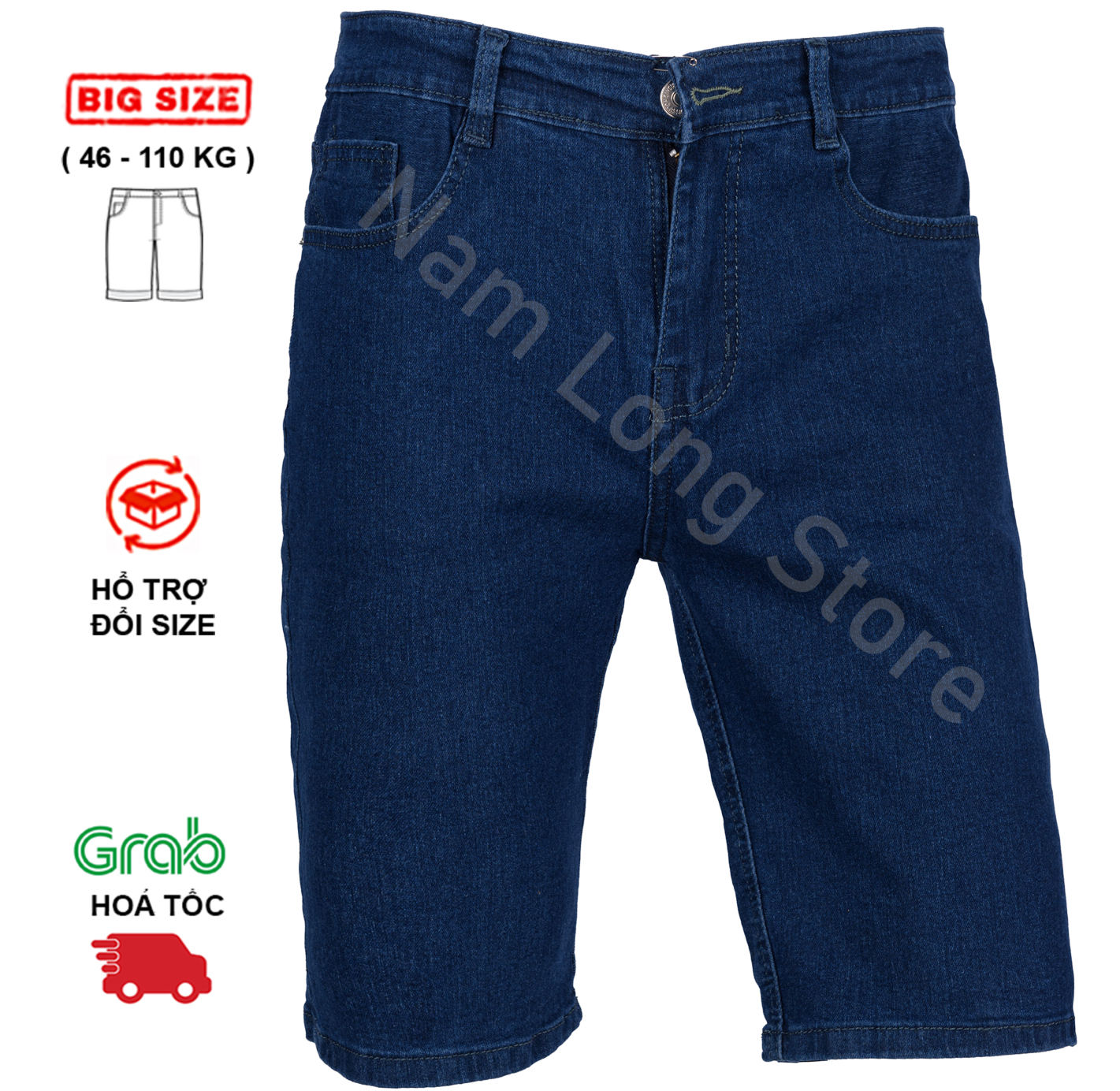 Quần Short Nam Trung Niên Vải Jean Cotton Mịn Mát Co Giãn Thoải Mái Ống Suông Big Size Túi Ngang