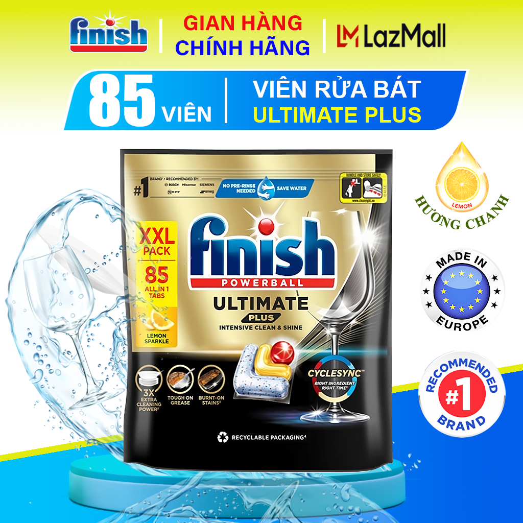 Viên rửa bát cao cấp Finish Powerball Ultimate Plus All In 1 - Túi 100, 85, 70, 66 viên rửa chén Fin
