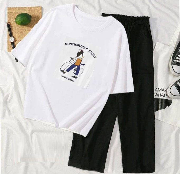 Sét Bộ Đồ Quần Áo Nữ Mùa Hè Mặc Đi Chơi Dạo Phố Dễ Thương Ngắn Tay Chất Liệu Cotton Kèm Quần Ống Rộng Thun Cát - MHD38