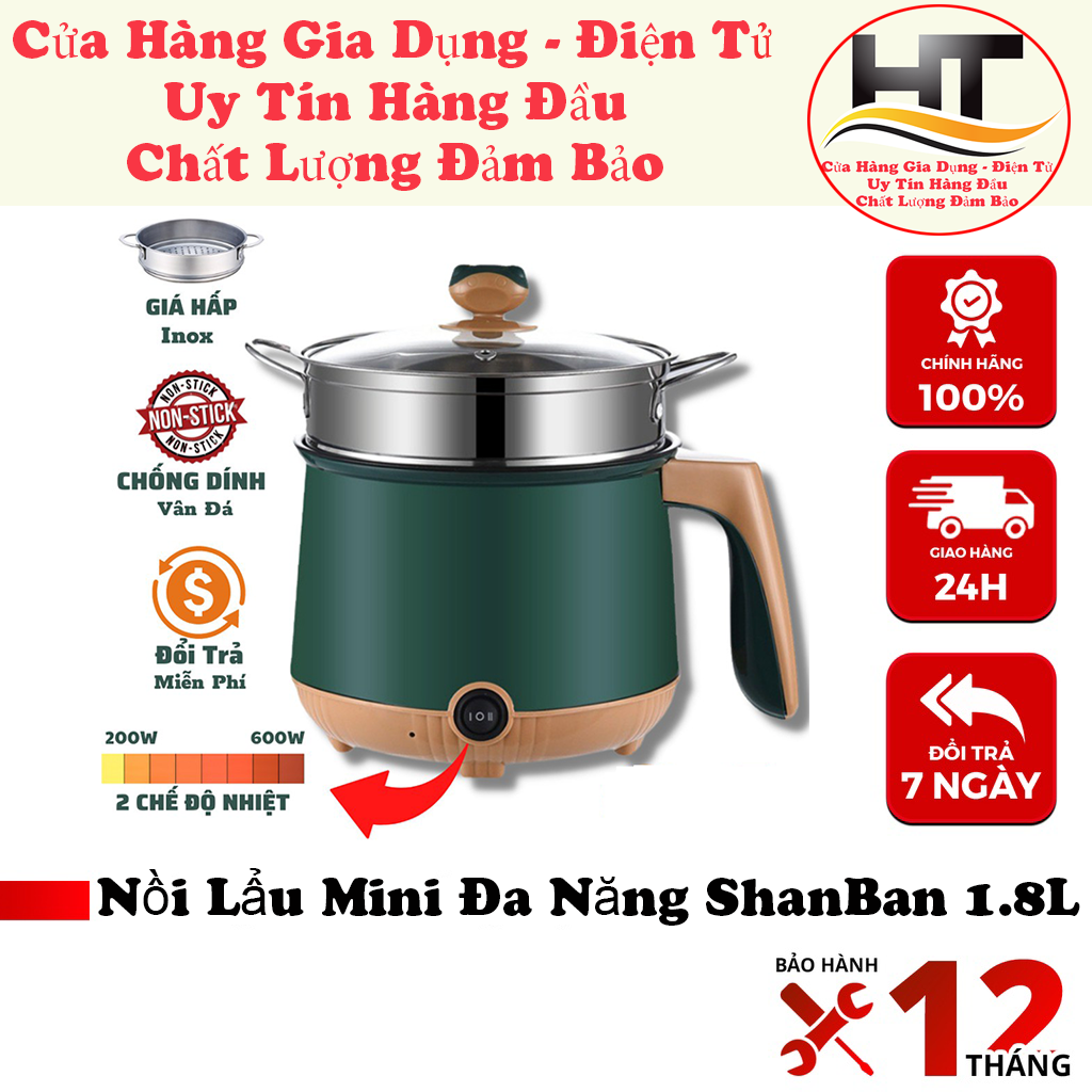 Nồi lẩu điện đa năng 1.8L nồi tráng men 8 chức năng hấp, chiên, xào, lẩu, cháo, soup