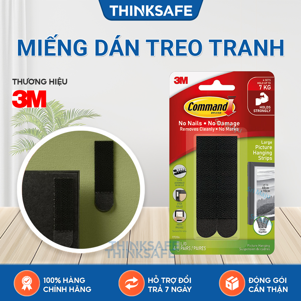 Bộ 8 miếng dán treo tranh Command 3M 17206BLK chính hãng màu đen siêu dính độ bền cao chịu lực tới 7.2kg dễ dàng sử dụng