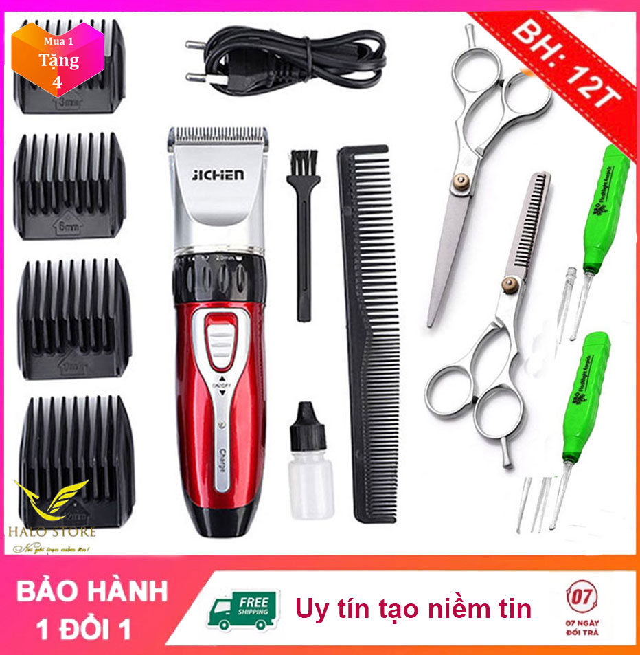 Tông Đơ Cắt Tóc Gia Đình Cho Bé JICHEN 0817 An Toàn - Máy Cắt Tóc Công Suất 3W CÓ Cữ 3mm, 6mm, 9mm, 12mm TẶNG BỘ KÉO + 2 Lấy Ráy Tai Có Đèn