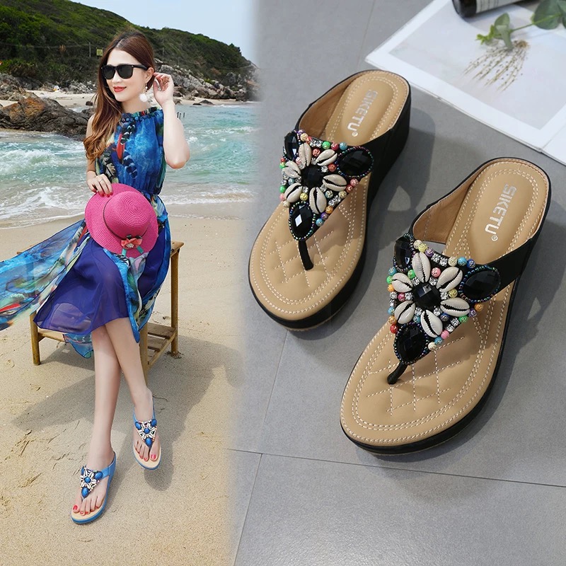 Sandal nữ xỏ ngón đế xuồng đi biển 5cm cao cấp. Dép nữ xỏ ngón đi biển đế xuồng. Xăng đan nữ xỏ ngón.