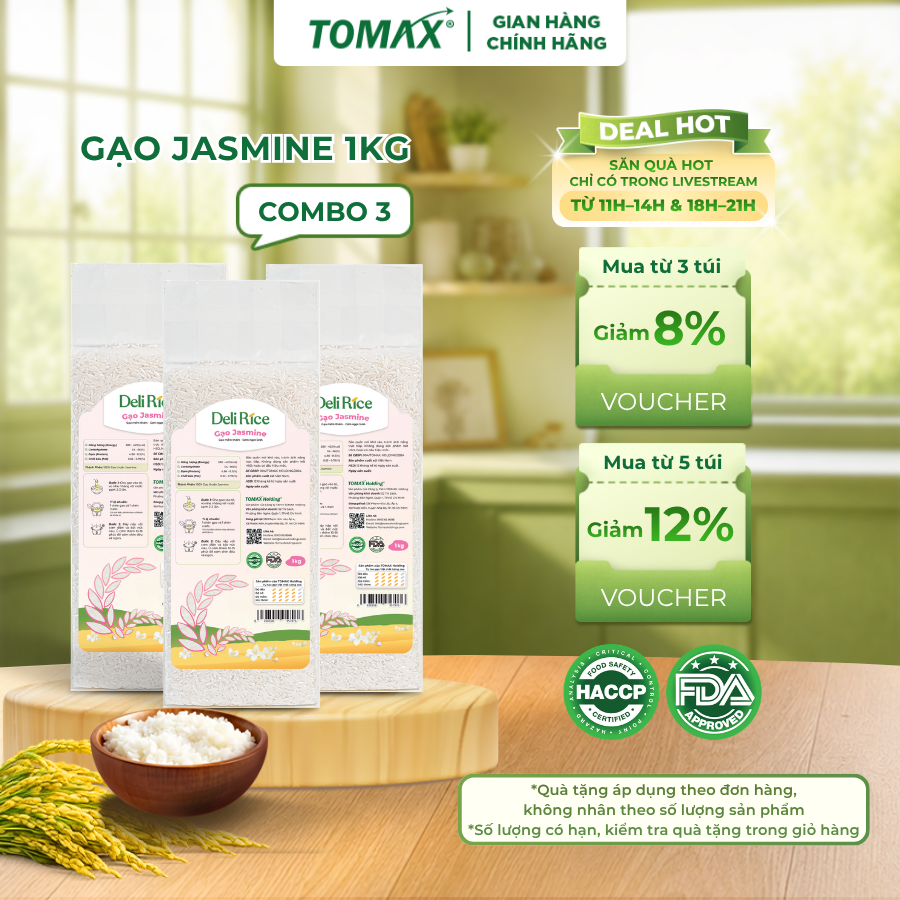 [ĐÃ VỀ HÀNG] Combo 3 túi Gạo Deli Rice Jasmine thơm dẻo mềm 1kg Tomax