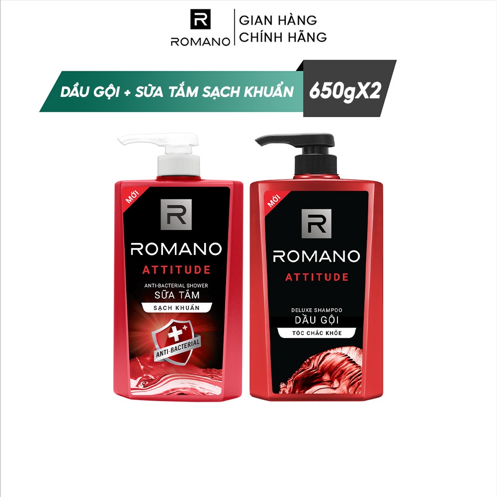 Combo hai chai dầu gội và sữa tắm romano attitude 650g