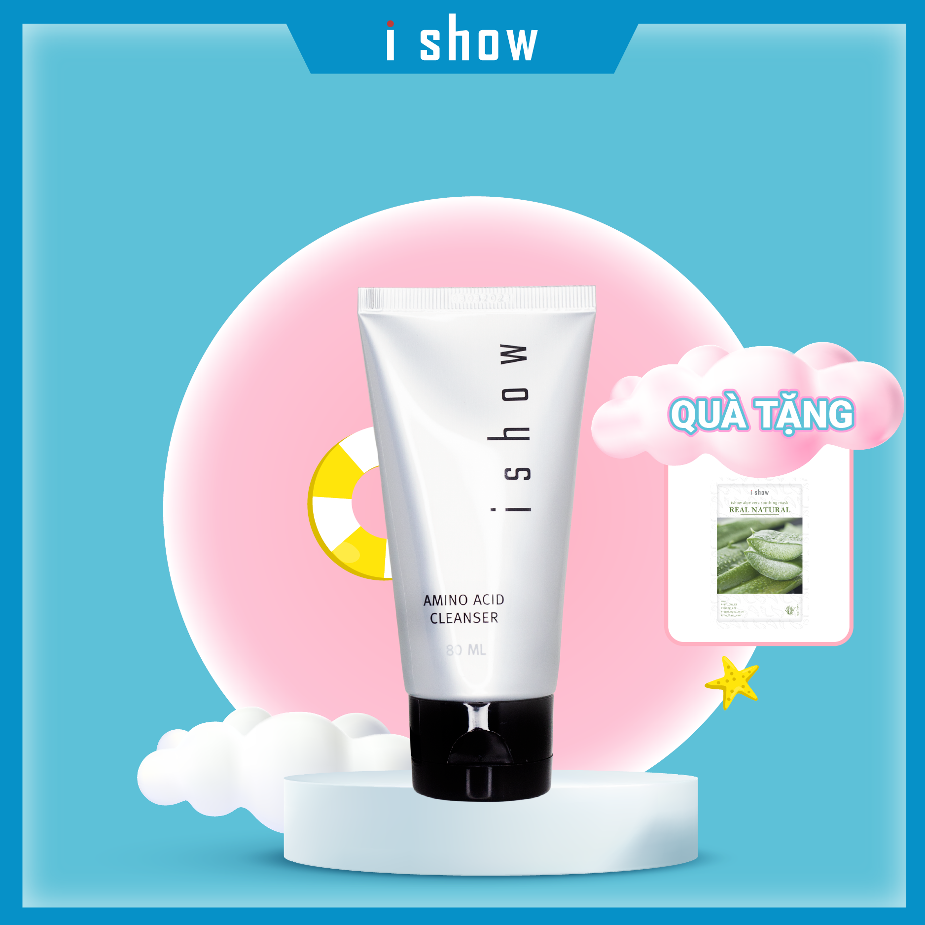 Ishow Sữa rửa mặt Amino Acid Gentle Skin Cleanser 80ml sạch sâu làm trắng dưỡng ẩm & kiểm soát dầu - Tặng Mặt nạ nha đam
