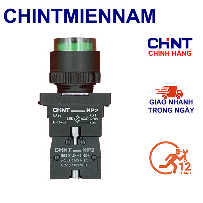 Nút nhấn nhả có đèn xanh đỏ phi 22, tiếp điểm phụ no nc, np2-ew3361 , ew3462, np2-chint